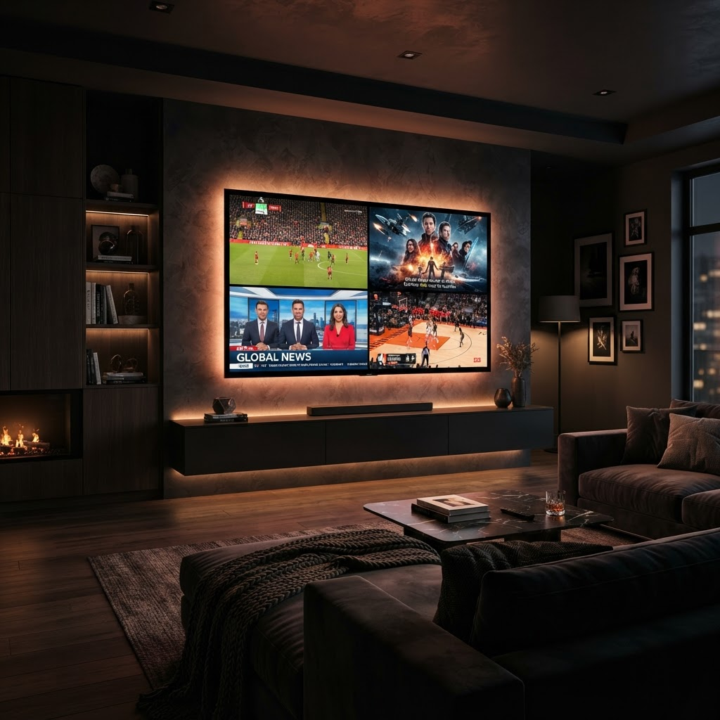 Streamline app displayed on a large TV showing live sports, movies, and news